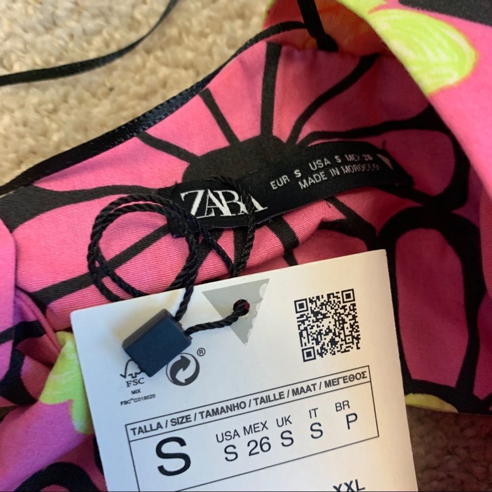 𝅺ZARA Fuchsia floral V neck balloon sleeve crop top pink yellow black Sz S NWT - Picture 5 of 8